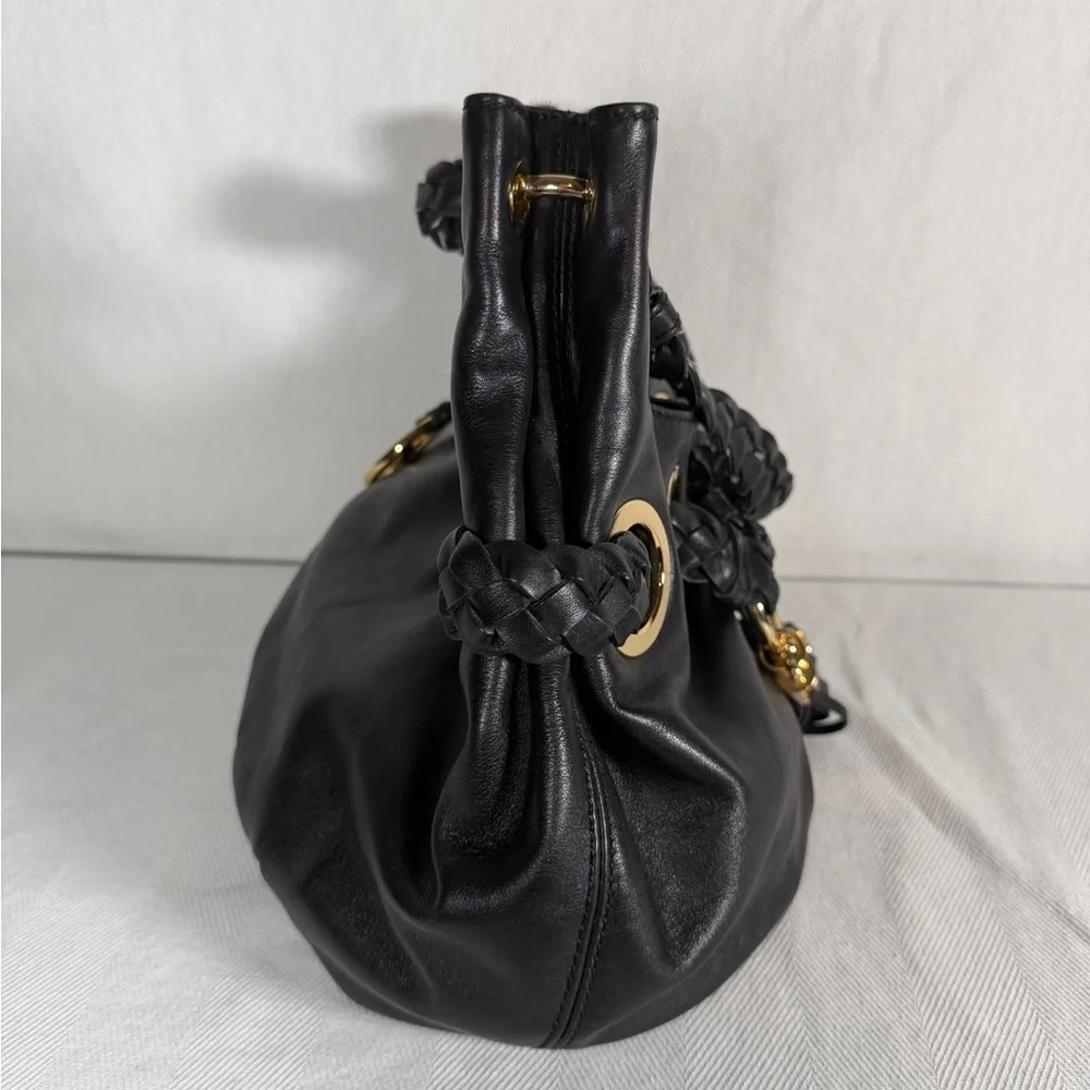 Michael Kors Black Leather Hobo Tassels Gold Accents Shoulder Handbag Purse